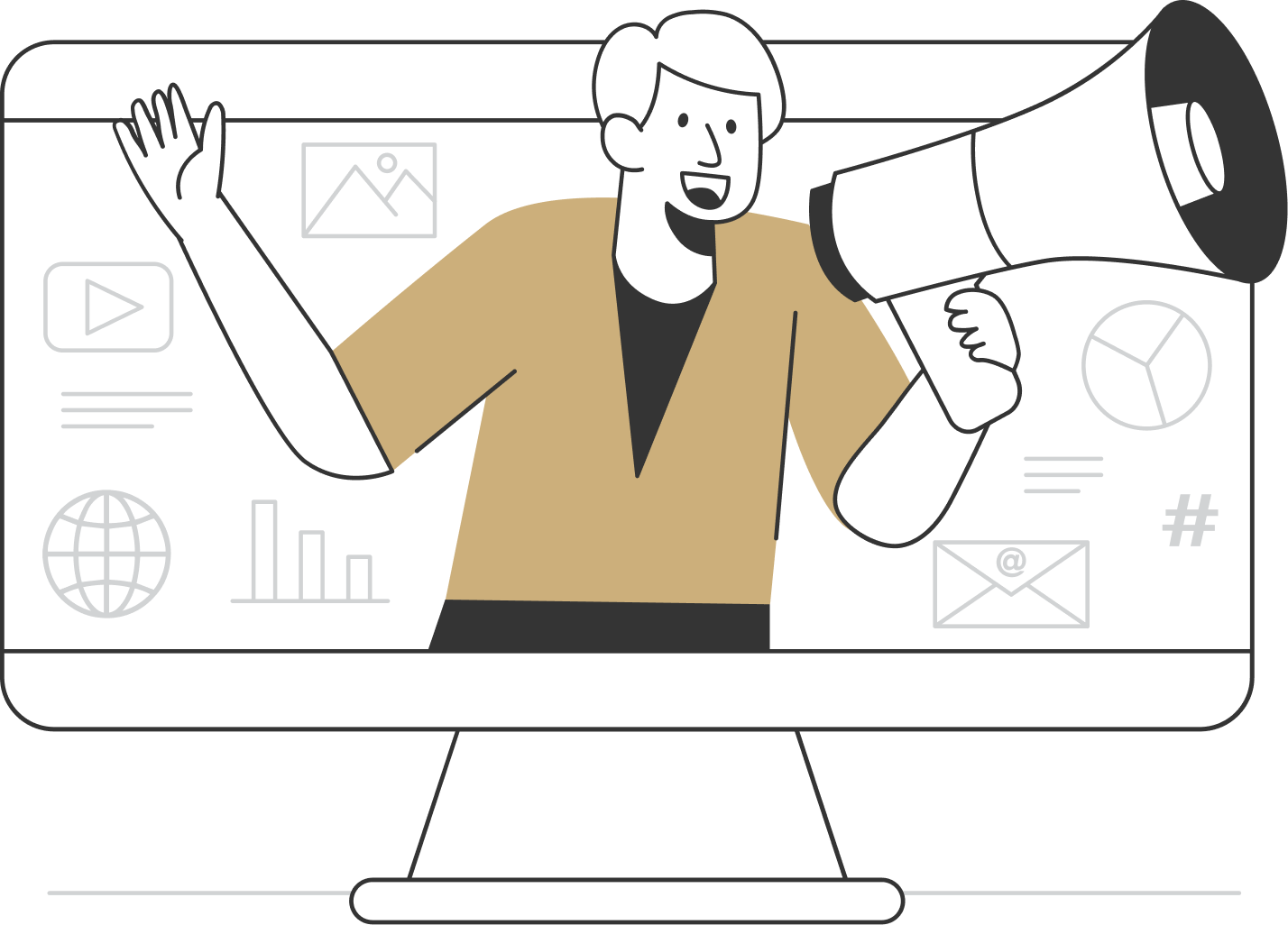 Marketing illustration with a megaphone, content and analytics
